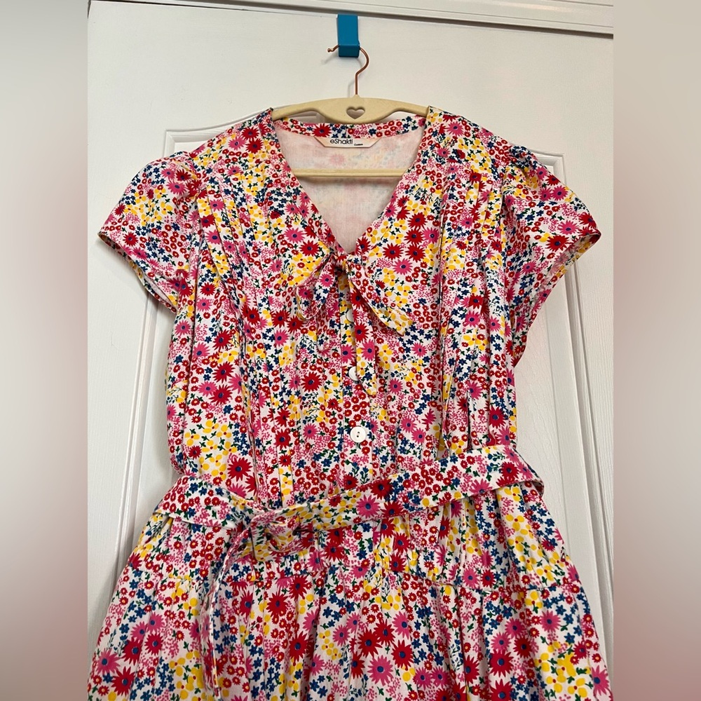 Colorful Belted Floral Dress with Collar and Pleating